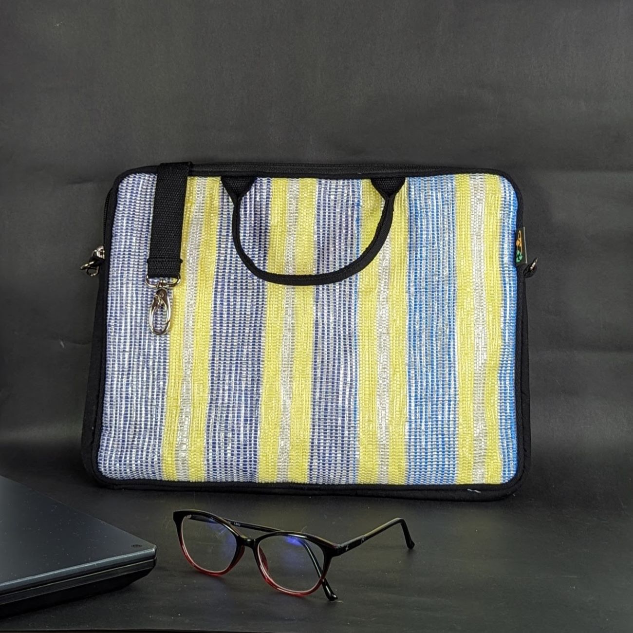 Blue White Yellow Waste Plastic Wrappers Upcycled Handwoven Laptop Sleeves 14 inches LSB140324 103 reCharkha The EcoSocial Tribe