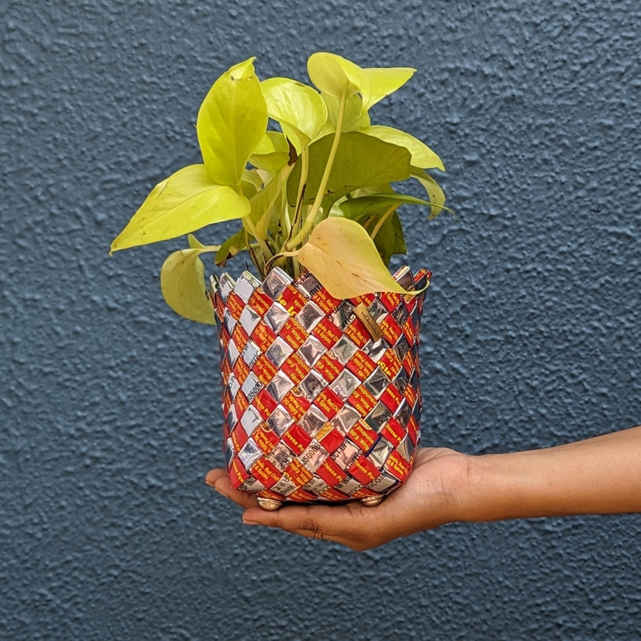 (BDSM0224-100) Reddish Orange and Silver Snack Thick Waste Plastics Upcycled Handcrafted Basketry Deco Storage Medium