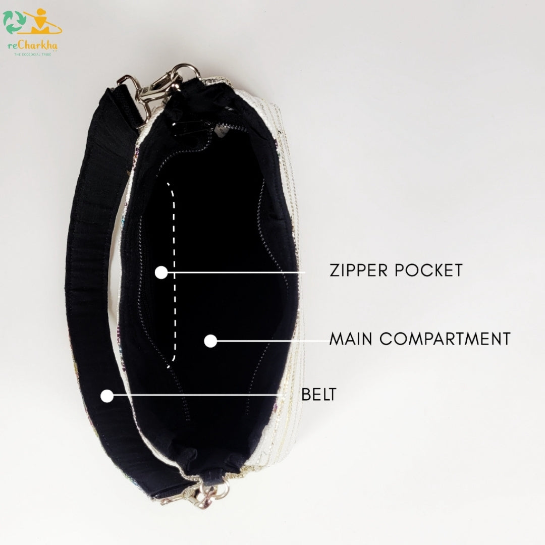Baguette Bag Golden &amp; Black Bling recharkha Upcycled Handwoven Inside DEtails