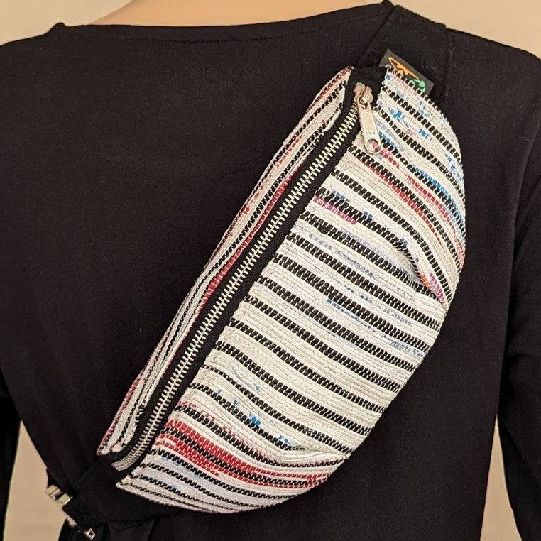 Black White Blue Red Striped Upcycled Handwoven Fanny Pack (FP0624-015) PS_W