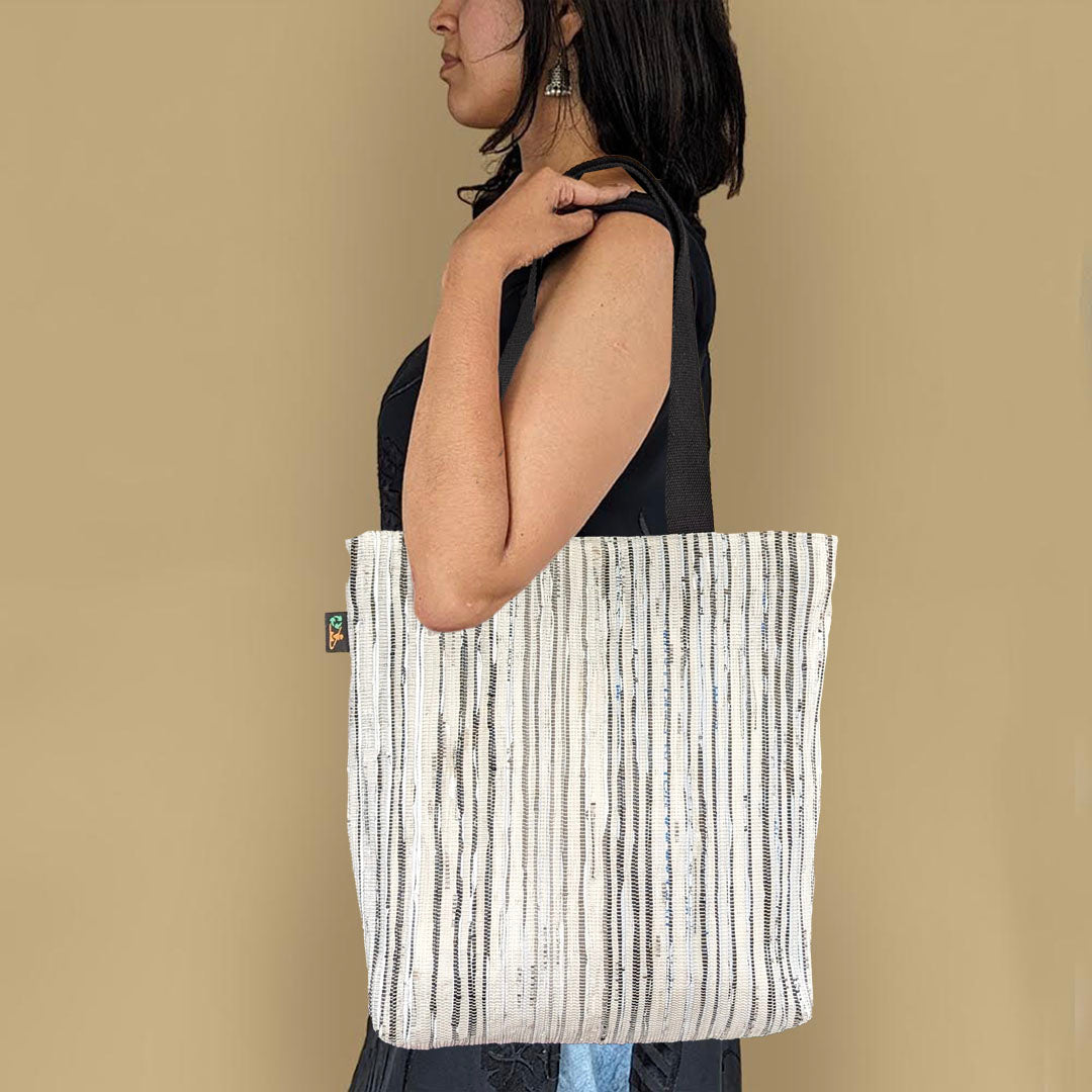 Black White Blue Striped Upcycled Handwoven Shop N Go (SNG0724-012) PS_W