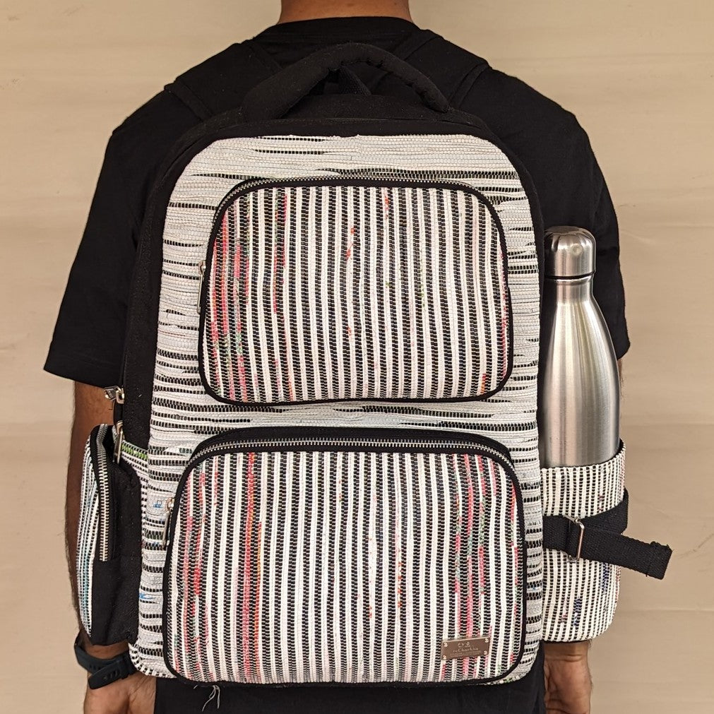 Black White Red Amazon Wrappers Striped Upcycled Handwoven Commuter Backpack (CBP0824-002) PS_W