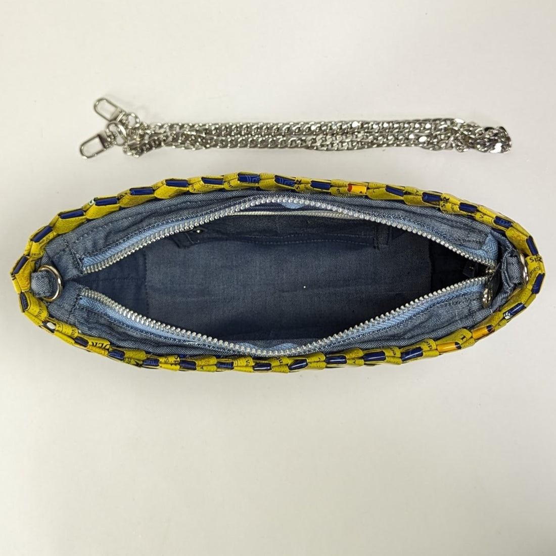 Blue And Yellow Waste Plastic Wrappers Upcycled Origami Handcrafted Basketry Clutch Sling (NBB0424-001)