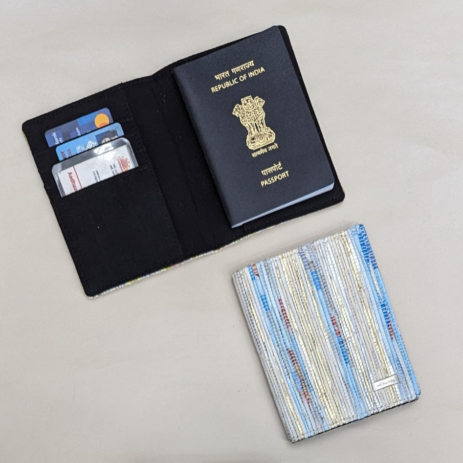 Blue White Shimmery Golden Striped Upcycled Handwoven Passport Cover (PC0624-014) PS_W