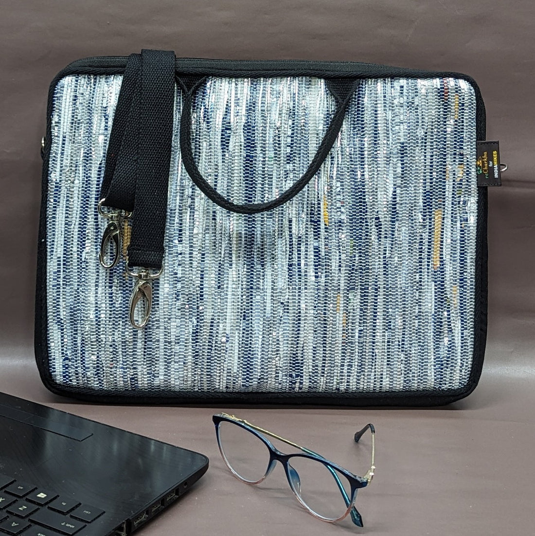 reCharkha X India Hikes Blue and Silver Glittery Laptop Sleeve 14 inch LSB140624-004 PS_W