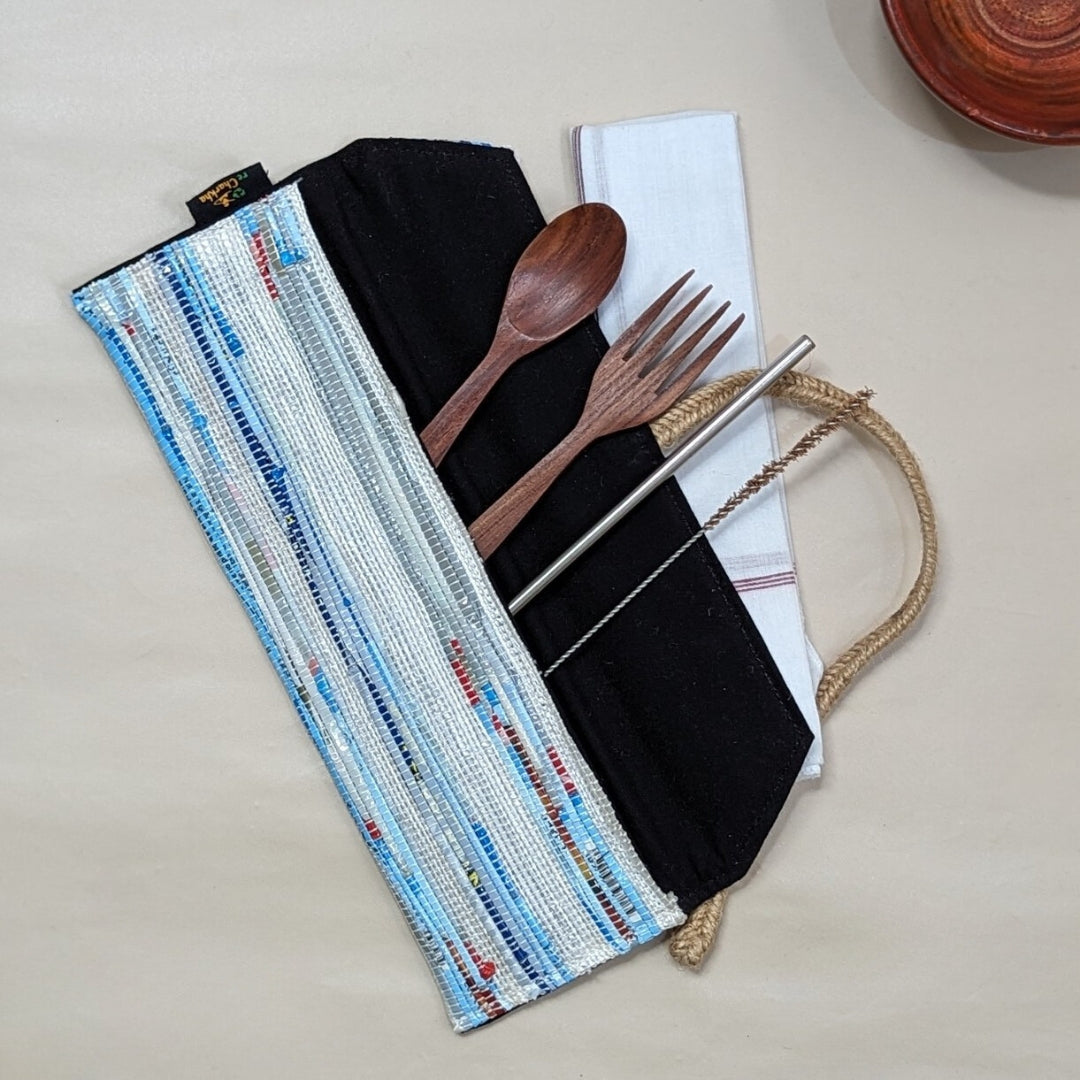 Blue and White Upcycled Handwoven Cutlery Kit (CK0724-001) PS_W