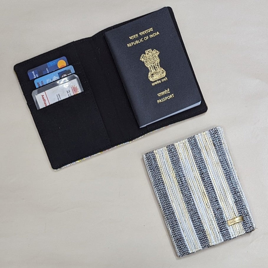 Cassette Tape Black Golden Striped Upcycled Handwoven Passport Cover (PC0624-016) PS_W