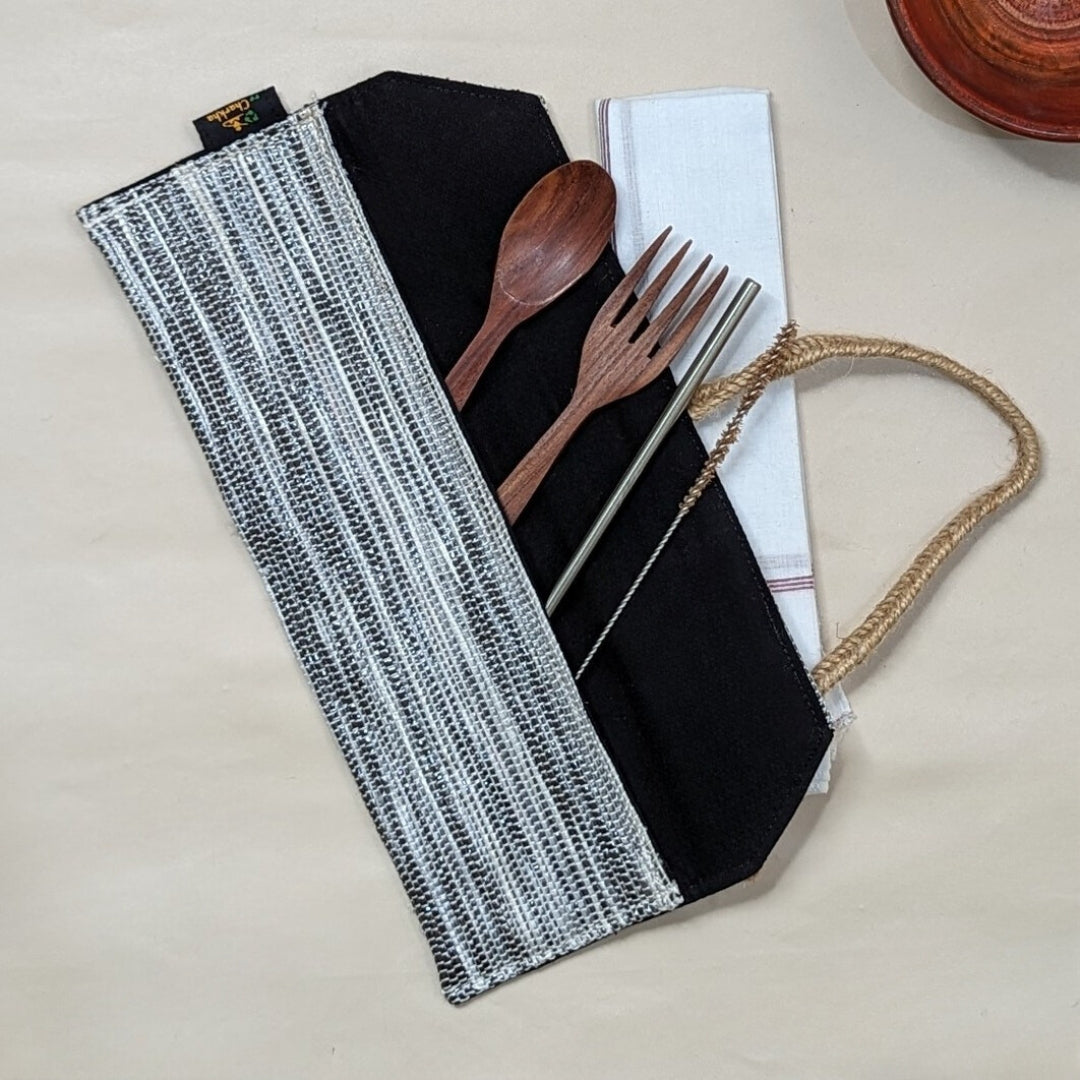 Cassette Tape Brown and White Upcycled Handwoven Cutlery Kit (CK0724-011) PS_W