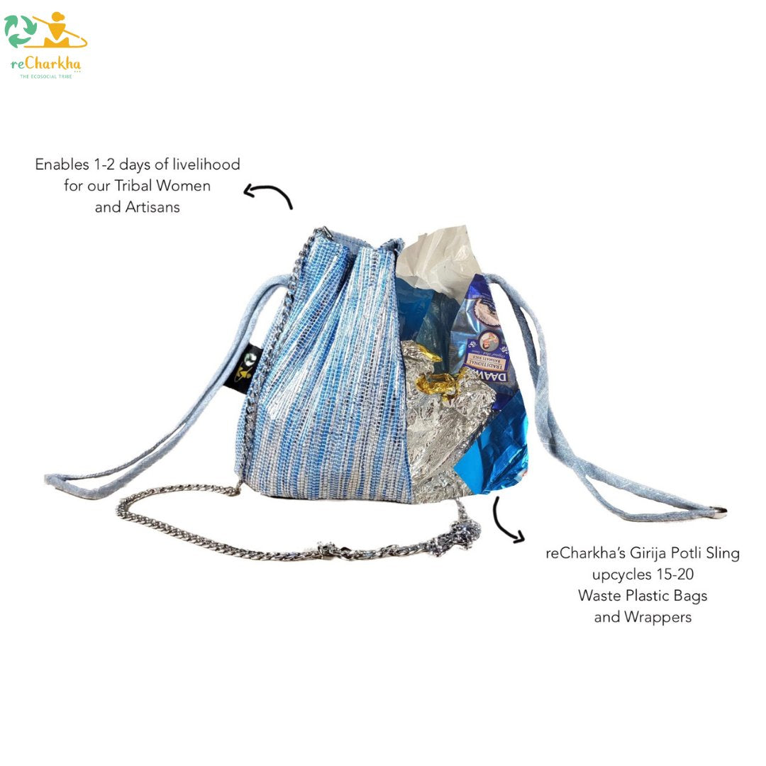 reCharkha Upcycled Handwoven Recycle Livelihoods Handcraft Handmade Girija Sling Potli Batwa Ethically Tribal Made in India Pune Warli Tribe Handloom Refash Trash Fash Waste EcoSocial Upcyclers Conscious Fashion Upcycled slow Trending Swadeshi Weave Textile Sustainable