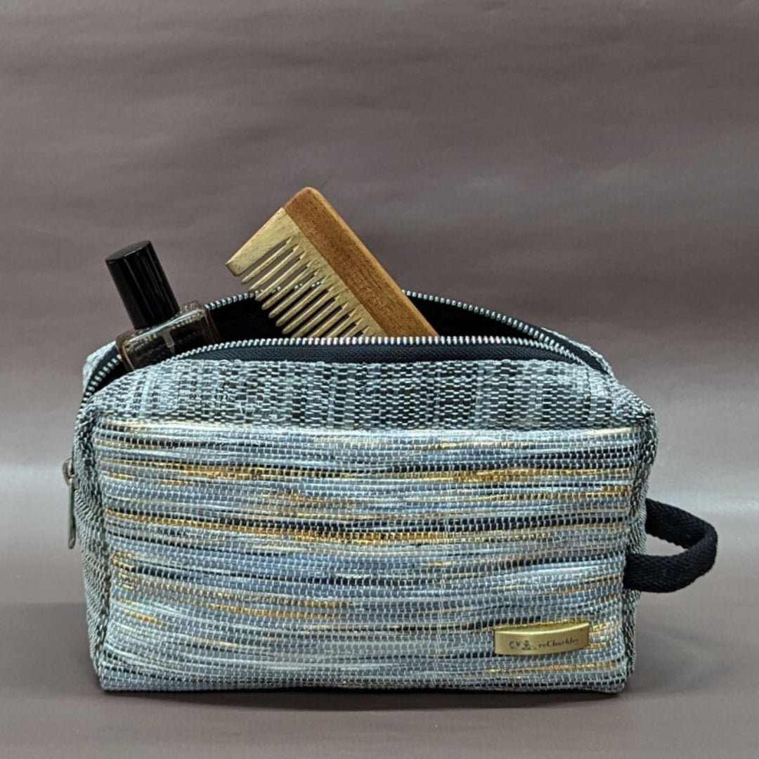 Gray and White with Shimmery Stripes Upcycled Handwoven Travel Kit (TK0624-004)