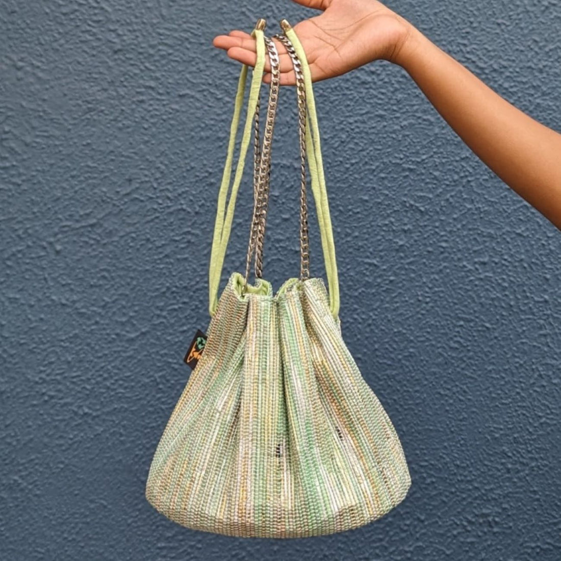 Green Golden Mix Waste Plastic Wrappers Upcycled Handwoven Girija Potli Sling (GP0424-006)