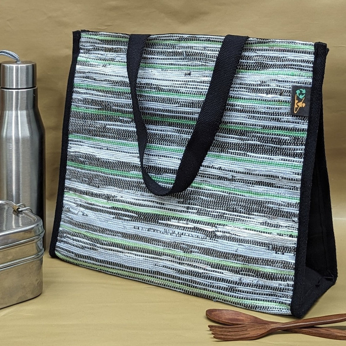 Green White Black Striped Upcycled Handwoven Lunch Bag (LB0624-004)