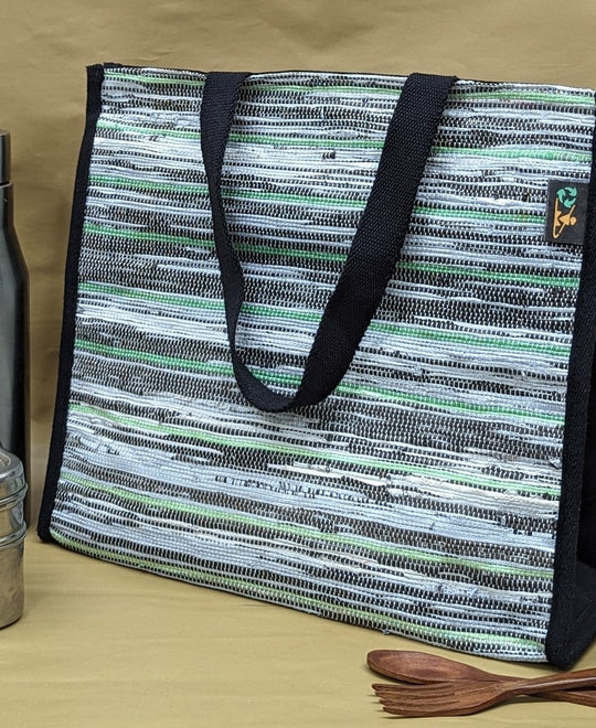 Green White Black Striped Upcycled Handwoven Lunch Bag (LB0624-004) PS_W