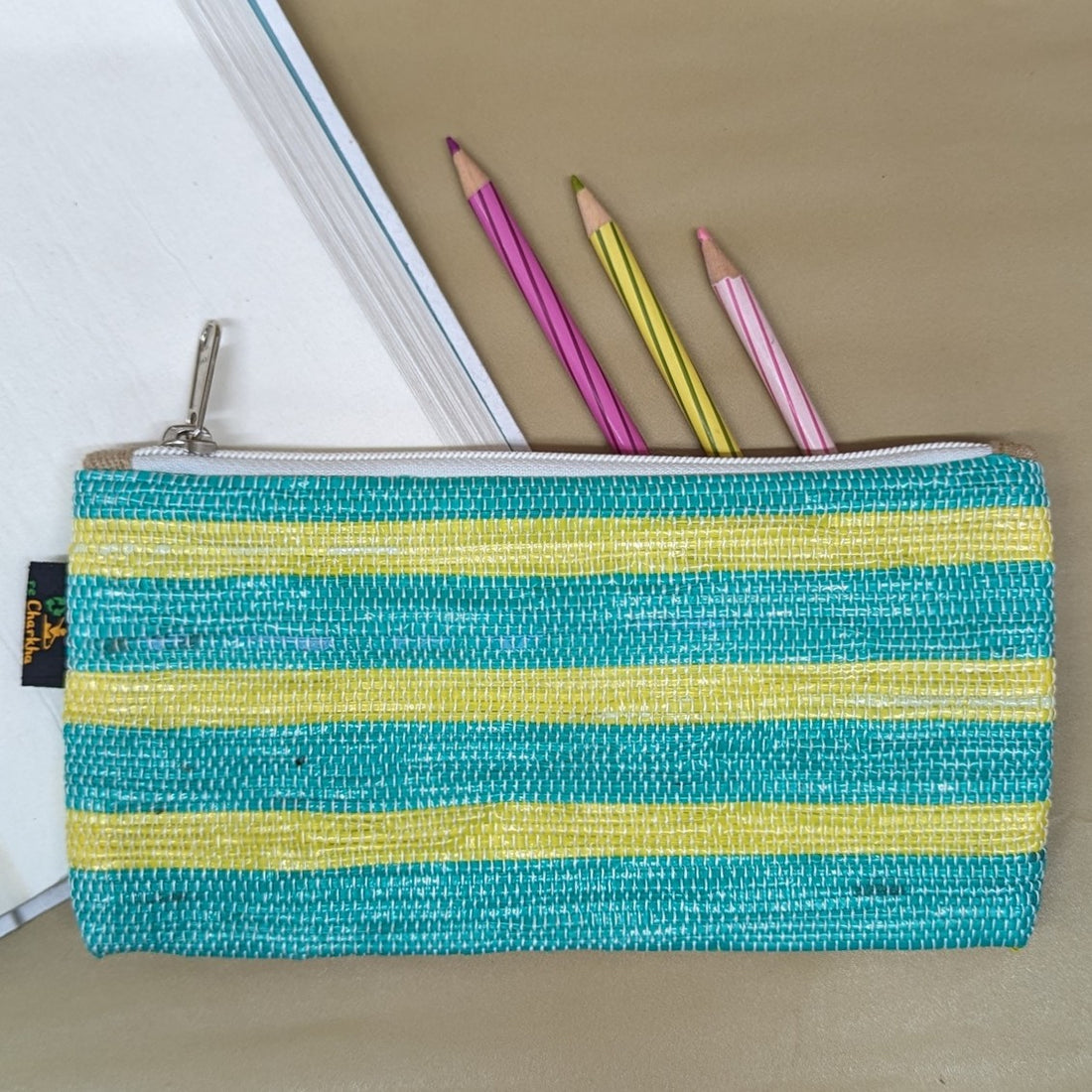 Green and Yellow Striped Upcycled Handwoven Pencil Pouch (PP0624-002) PS_W
