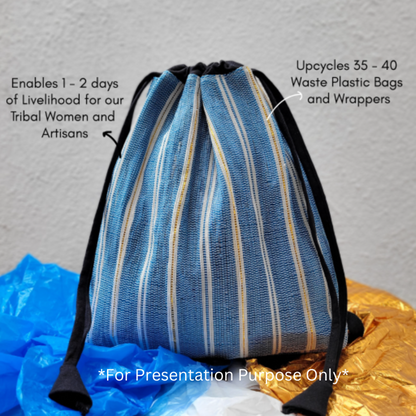 reCharkha X India Hikes - Peach Yellow Green Dark Blue Thin Striped Upcycled Handwoven Light Backpack (NLBP0724-002) PS_W