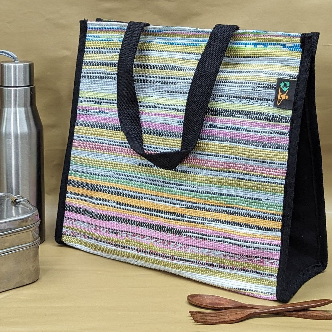 Multicolored Black Striped Upcycled Handwoven Lunch Bag (LB0624-002)