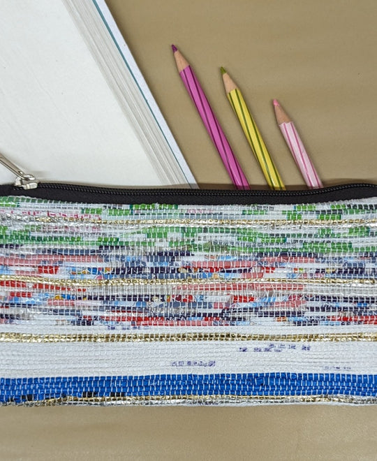 Multicoloured Shimmery Golden Striped Upcycled Handwoven Pencil Pouch (PP0624-008) PS_W