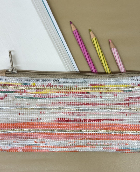 Multicoloured Shimmery Golden Striped Upcycled Handwoven Pencil Pouch (PP0624-014) PS_W