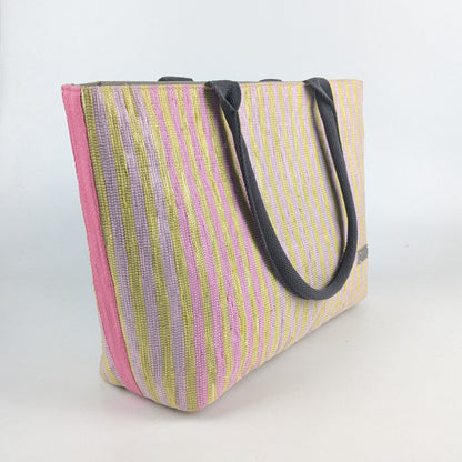 RECRAFTED- Pink &amp; Yellow Stripes Upcycled Handwoven Office Tote (ROT0225-016) PS_W