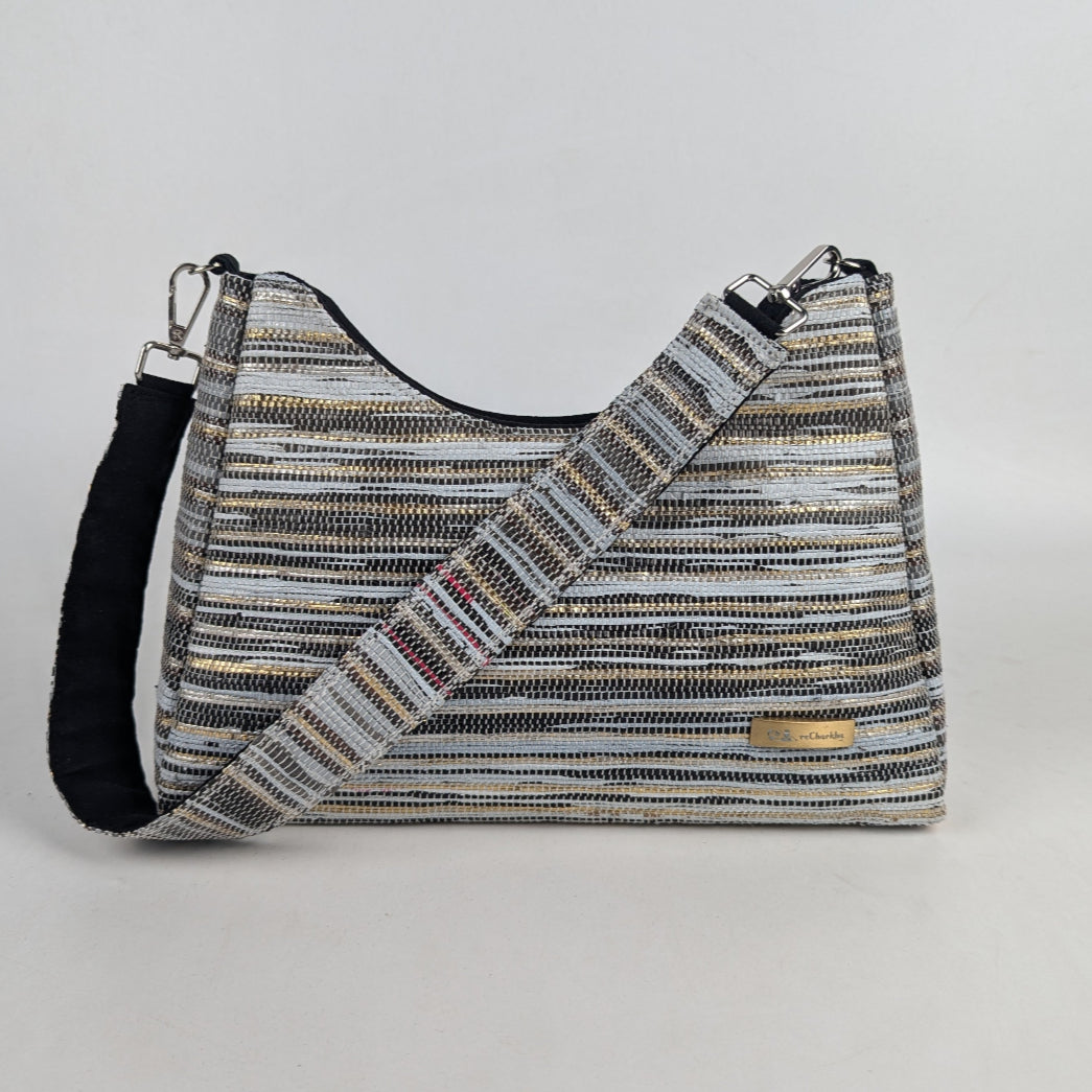 Shimmery Golden Black White Upcycled Handwoven Baguette Bag (BTB0125-005) PS_W