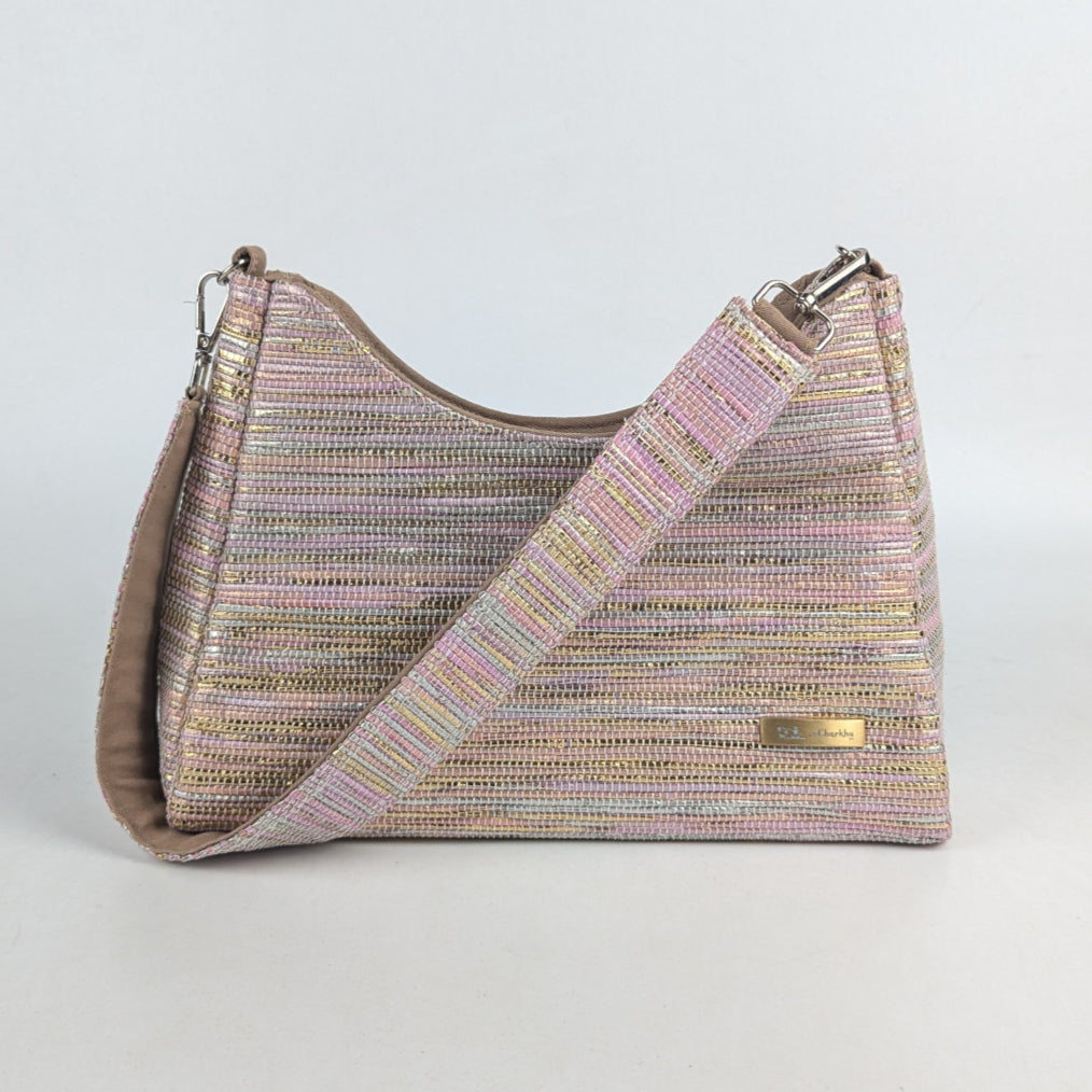 Shimmery Golden Pink Upcycled Handwoven Baguette Bag (BTB0125-002) PS_W