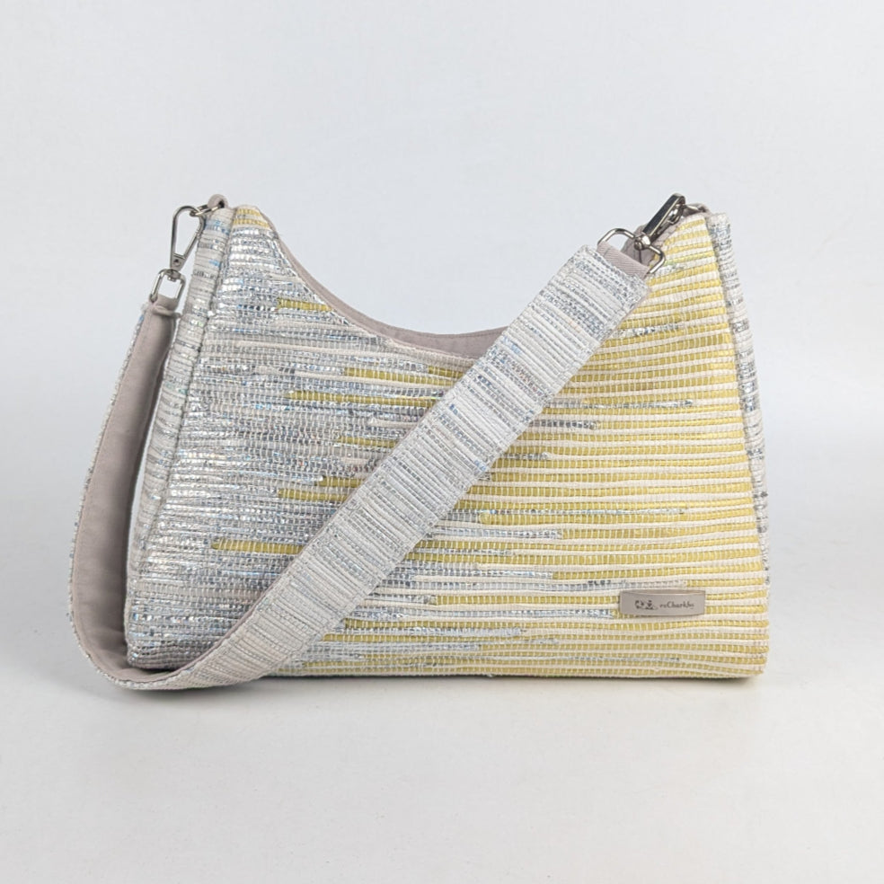 Shimmery Silver White Yellow Designer Upcycled Handwoven Baguette Bag (BTBD1124-004) PS_W