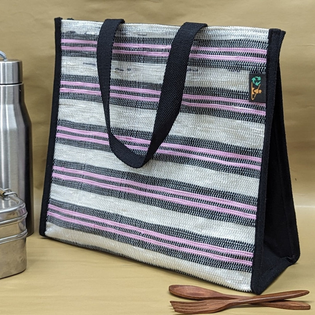 Pink White Black Striped Upcycled Handwoven Lunch Bag (LB0624-003)