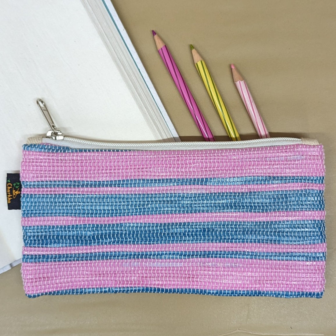 Pink and Blue Striped Upcycled Handwoven Pencil Pouch (PP0624-013) PS_W