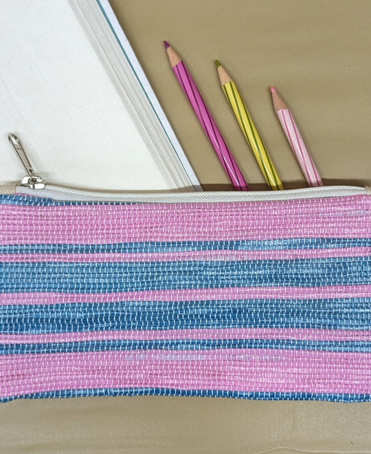 Pink and Blue Striped Upcycled Handwoven Pencil Pouch (PP0624-013) PS_W