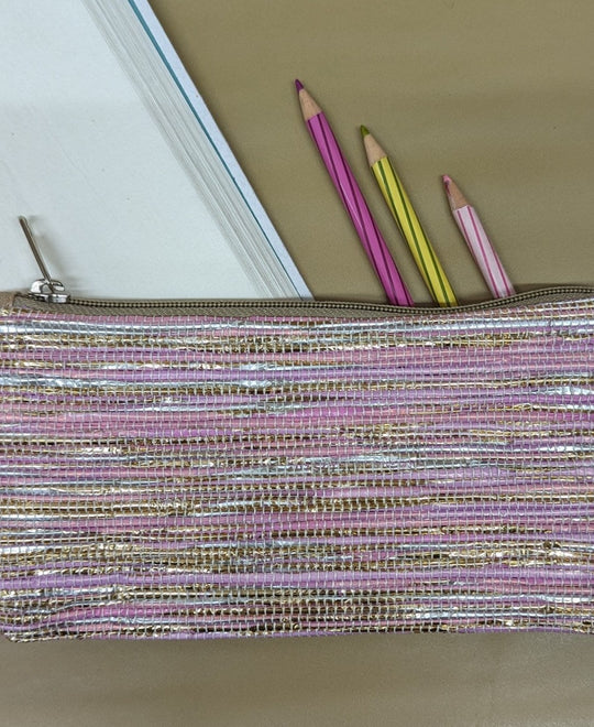 Pink and Shimmery Golden Upcycled Handwoven Pencil Pouch (PP0624-007) PS_W