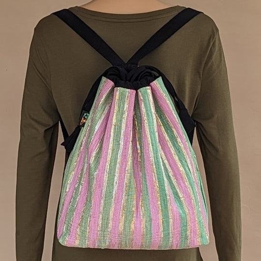Shimmery Golden Green Pink Striped Upcycled Handwoven Light Backpack (NLBP0624-014) PS_W