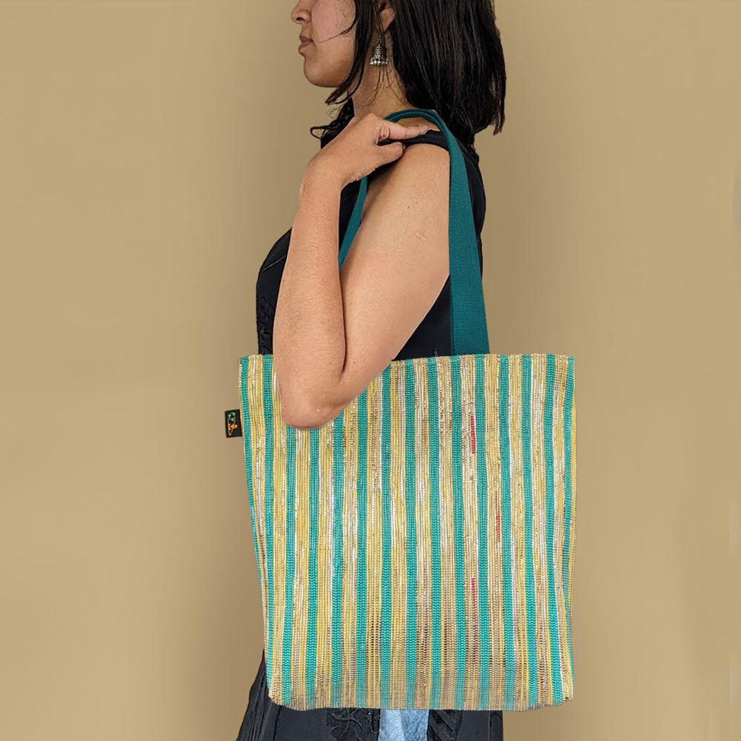 Shimmery Golden Yellow Green Striped Upcycled Handwoven Shop N Go (SNG0724-015) PS_W