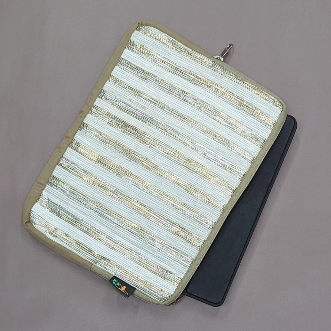 Shimmery Golden and White Striped Upcyled Handwoven Tablet Sleeve (TS0624-005) PS_W