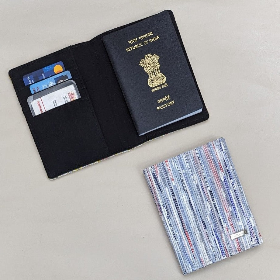 Shimmery Silver Red Blue Upcycled Handwoven Passport Cover (PC0624-012) PS_W