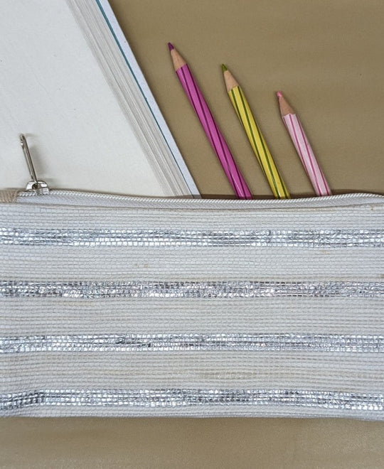 Shimmery Silver and White Striped Upcycled Handwoven Pencil Pouch (PP0624-003) PS_W