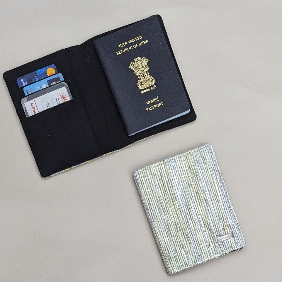 Shimmery Yellow White Upcycled Handwoven Passport Cover (PC0624-010) PS_W