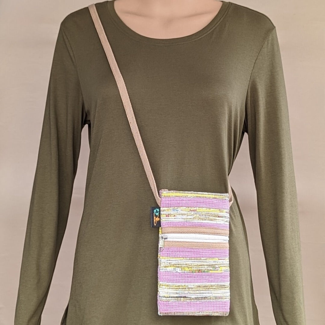 Shimmery Yellow and Pink Striped Upcycled Handwoven Mobile Sling (MSL0724-012) PS_W
