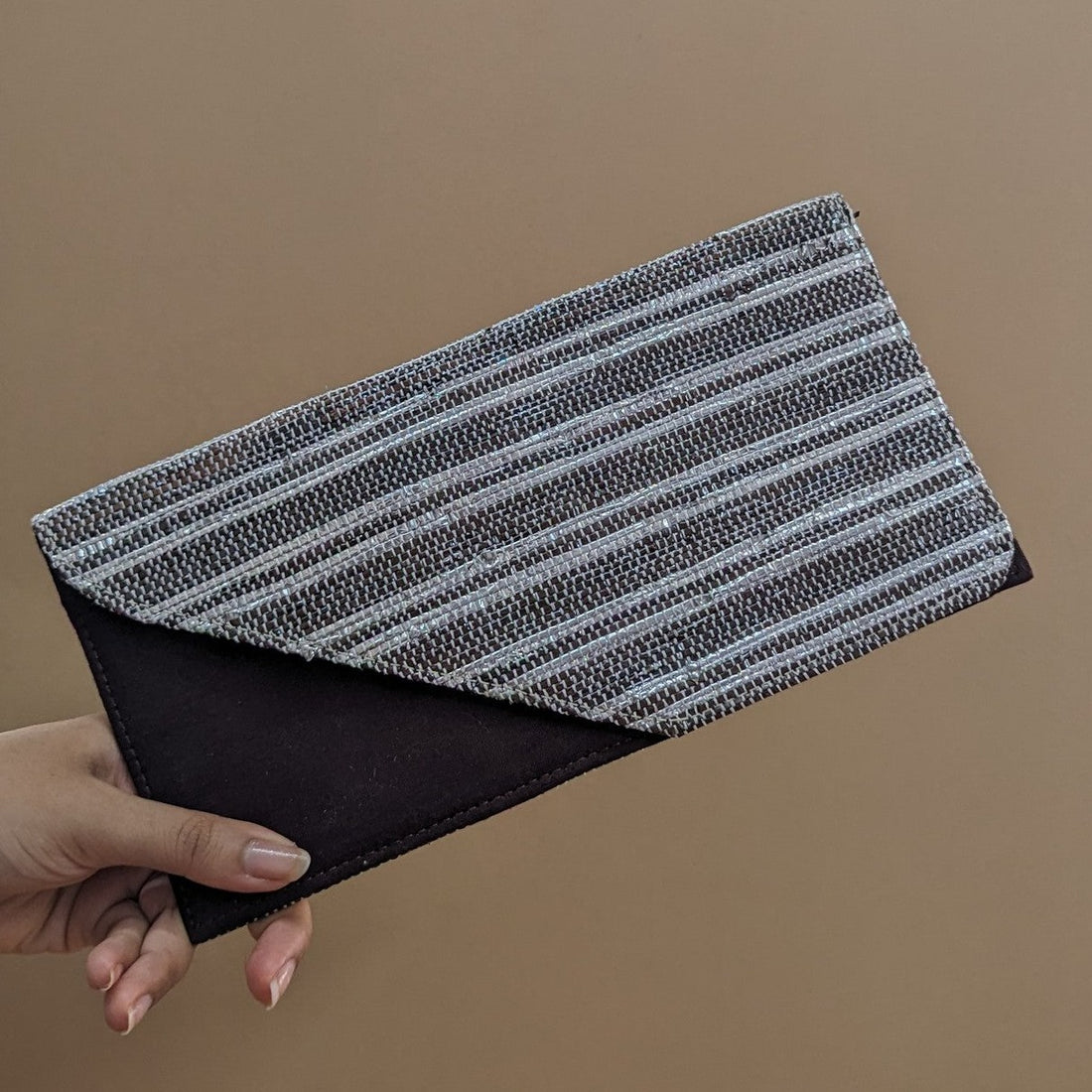 Silver Shimmery and Cassette Tape Brown Striped Upcycled Handwoven Clutch It (CI0724-003) PS_W