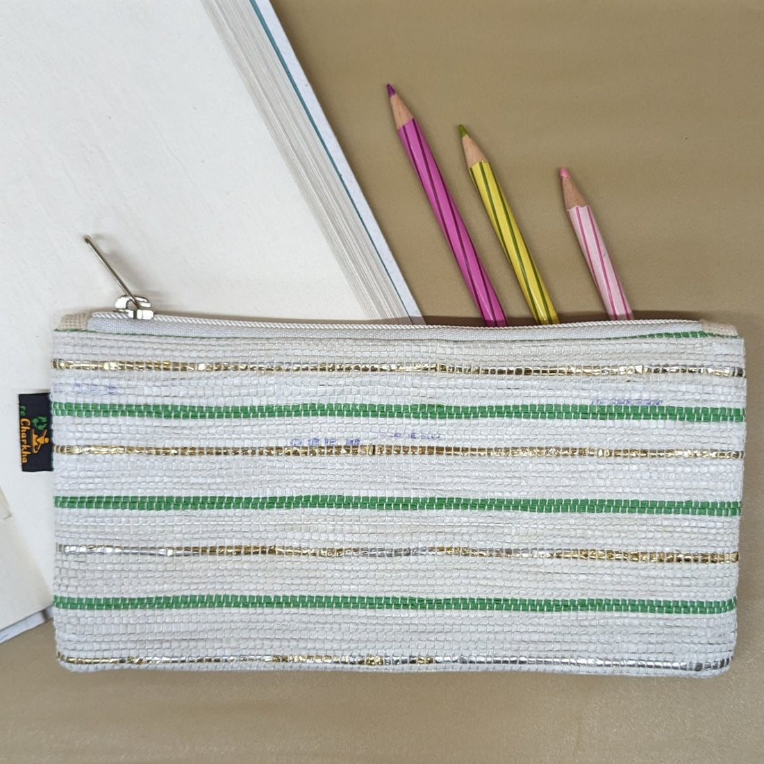 White Green Silver Shimmery Striped Upcycled Handwoven Pencil Pouch (PP0624-012) PS_W