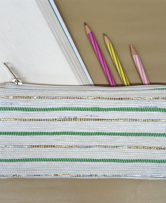 White Green Silver Shimmery Striped Upcycled Handwoven Pencil Pouch (PP0624-012) PS_W