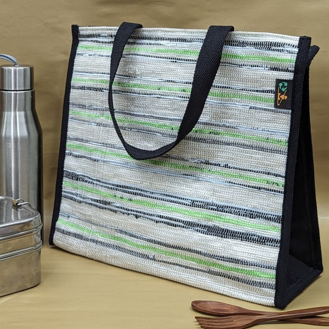 White Green and Black Striped Upcycled Handwoven Lunch Bag (LB0624-001)
