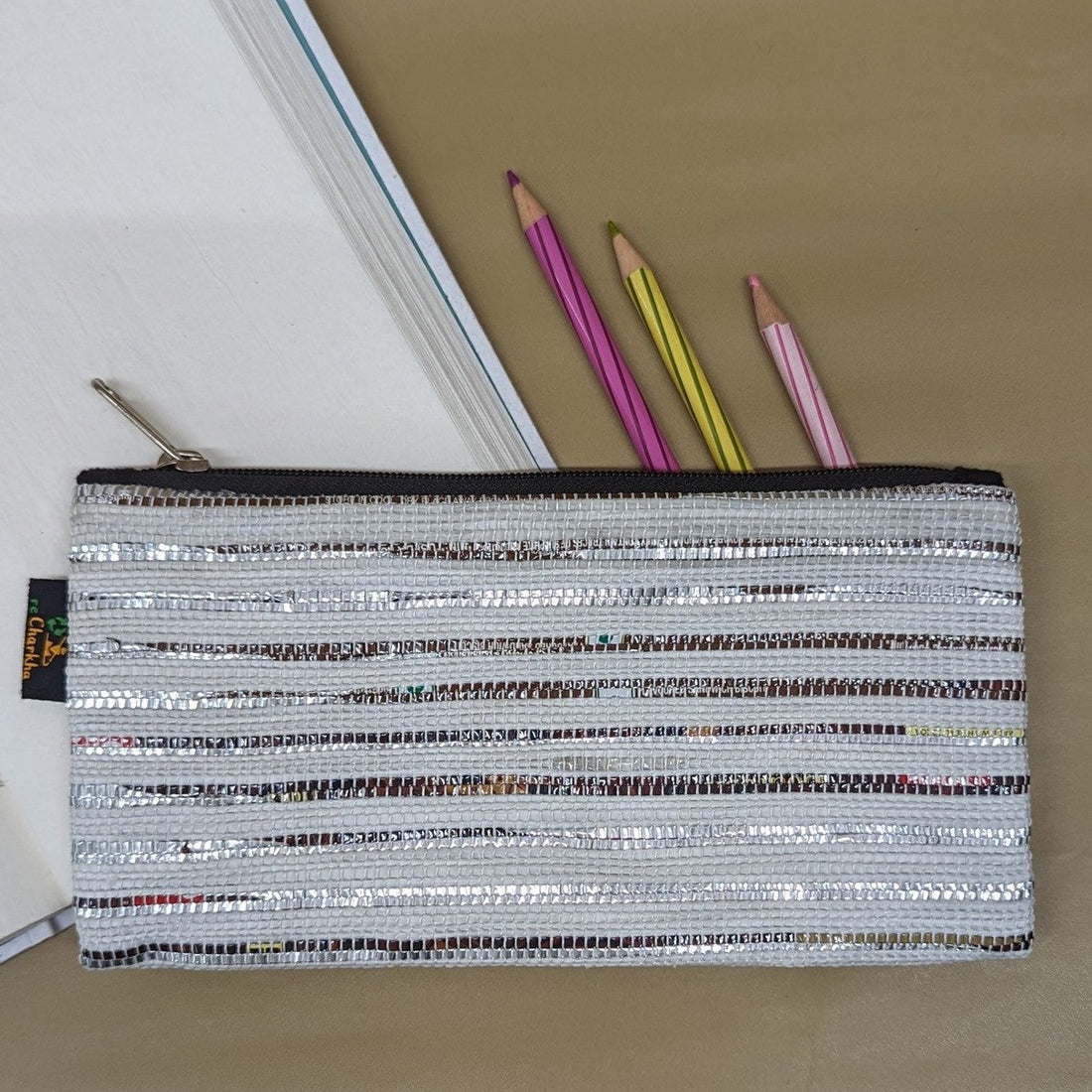 White and Brown Silver Shimmery Striped Upcycled Handwoven Pencil Pouch (PP0624-011) PS_W
