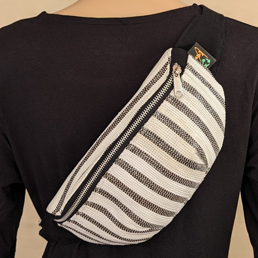 White and Cassette Brown  Striped Upcycled Handwoven Fanny Pack (FP0624-012) PS_W
