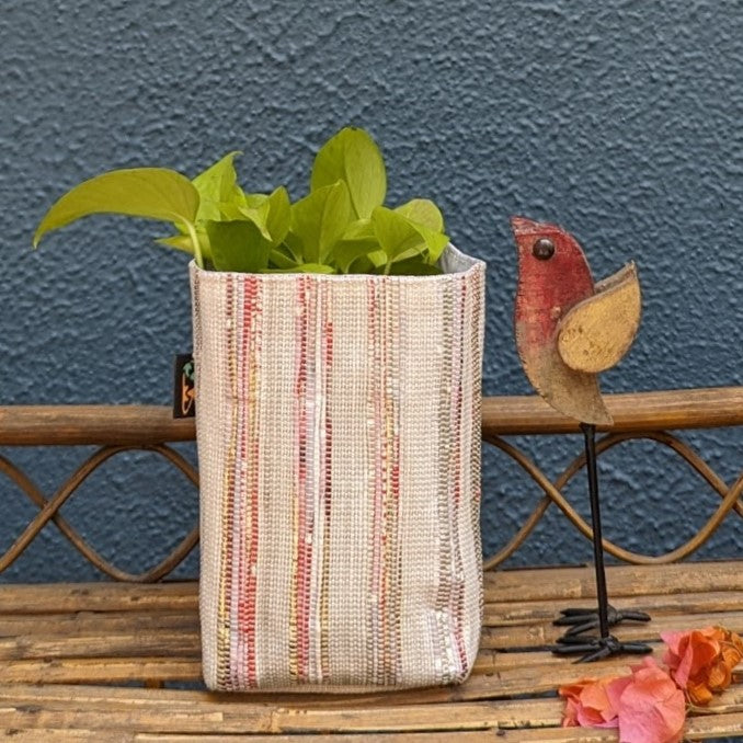 White with Red and Sliver Stripes Waste Plastic Wrappers Upcycled Handwoven Grow Pot Medium (GPM0424-004) PS_W