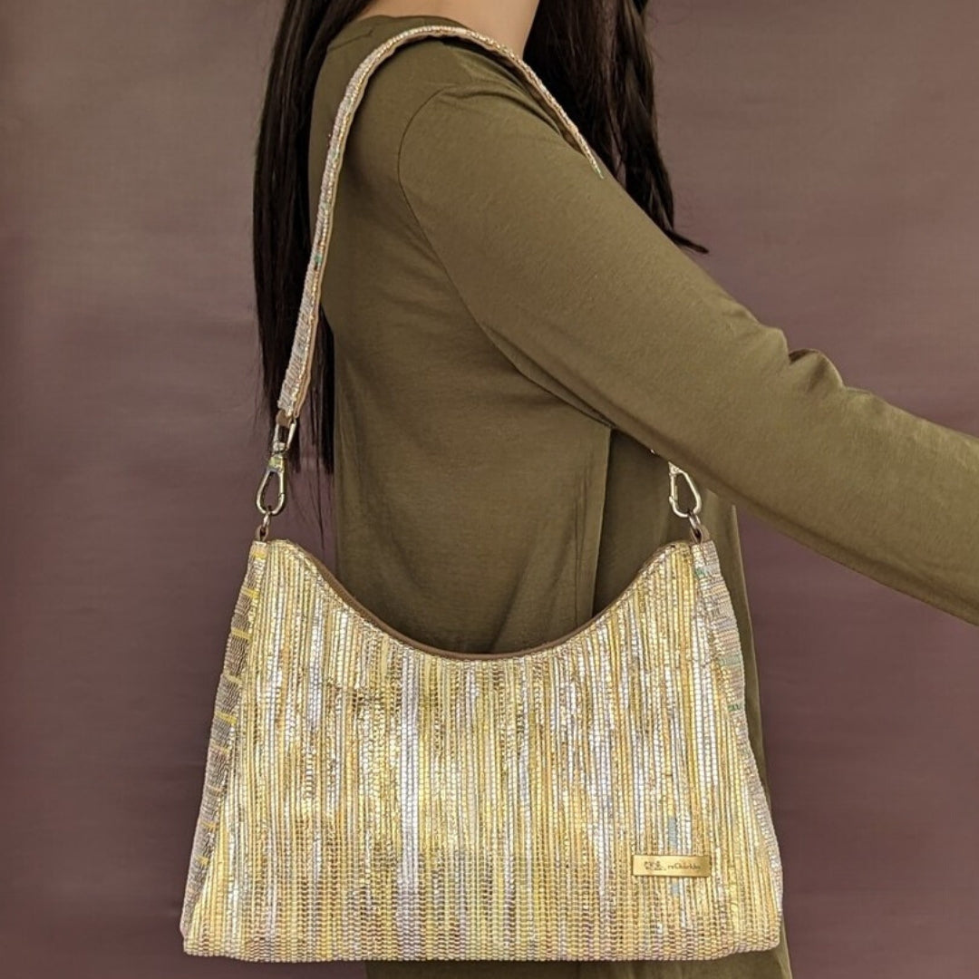 Yellow Golden Shimmery Upcycled Handwoven Baguette Bag (BTB0724-003) PS_W
