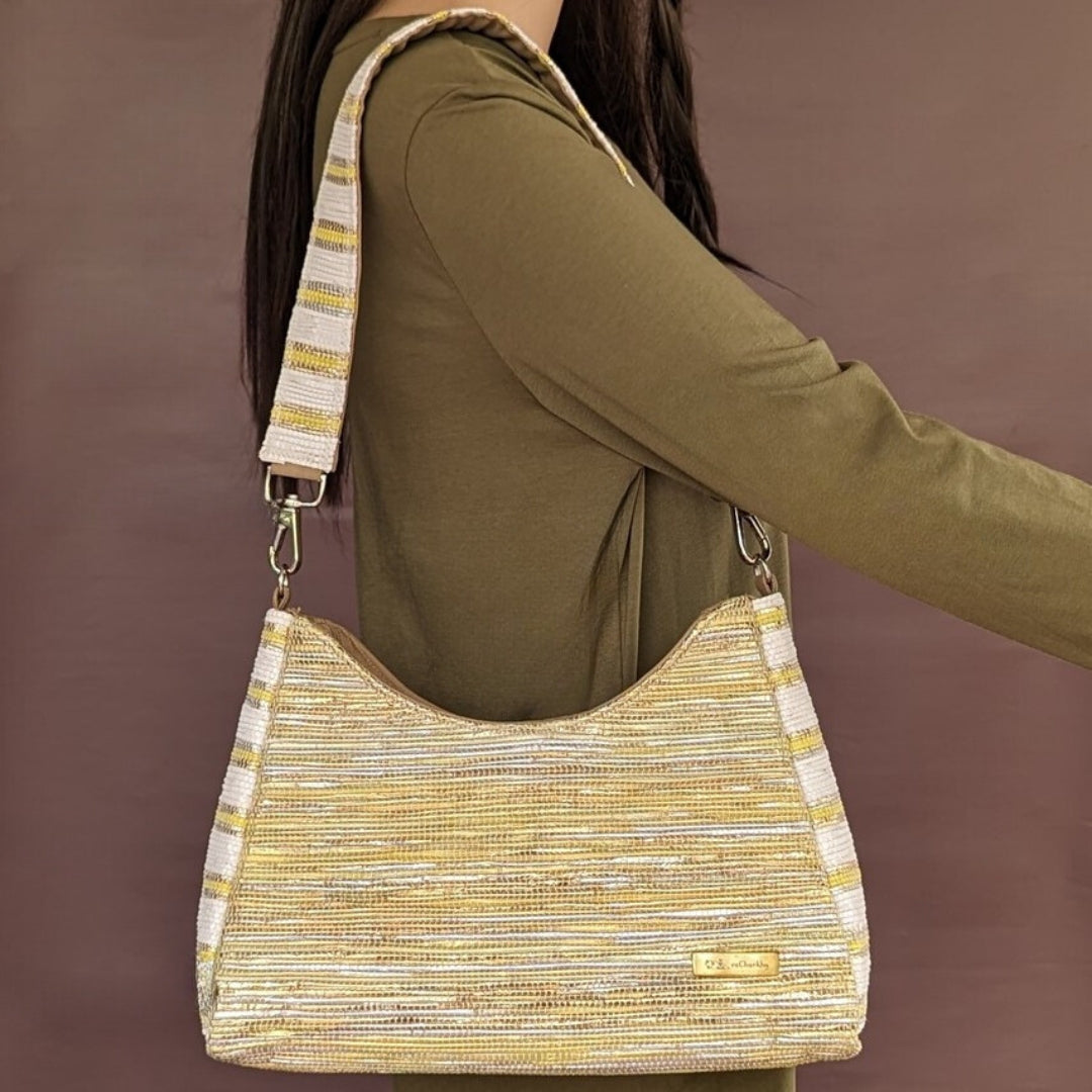 Yellow Golden Shimmery Upcycled Handwoven Baguette Bag (BTB0724-011) PS_W