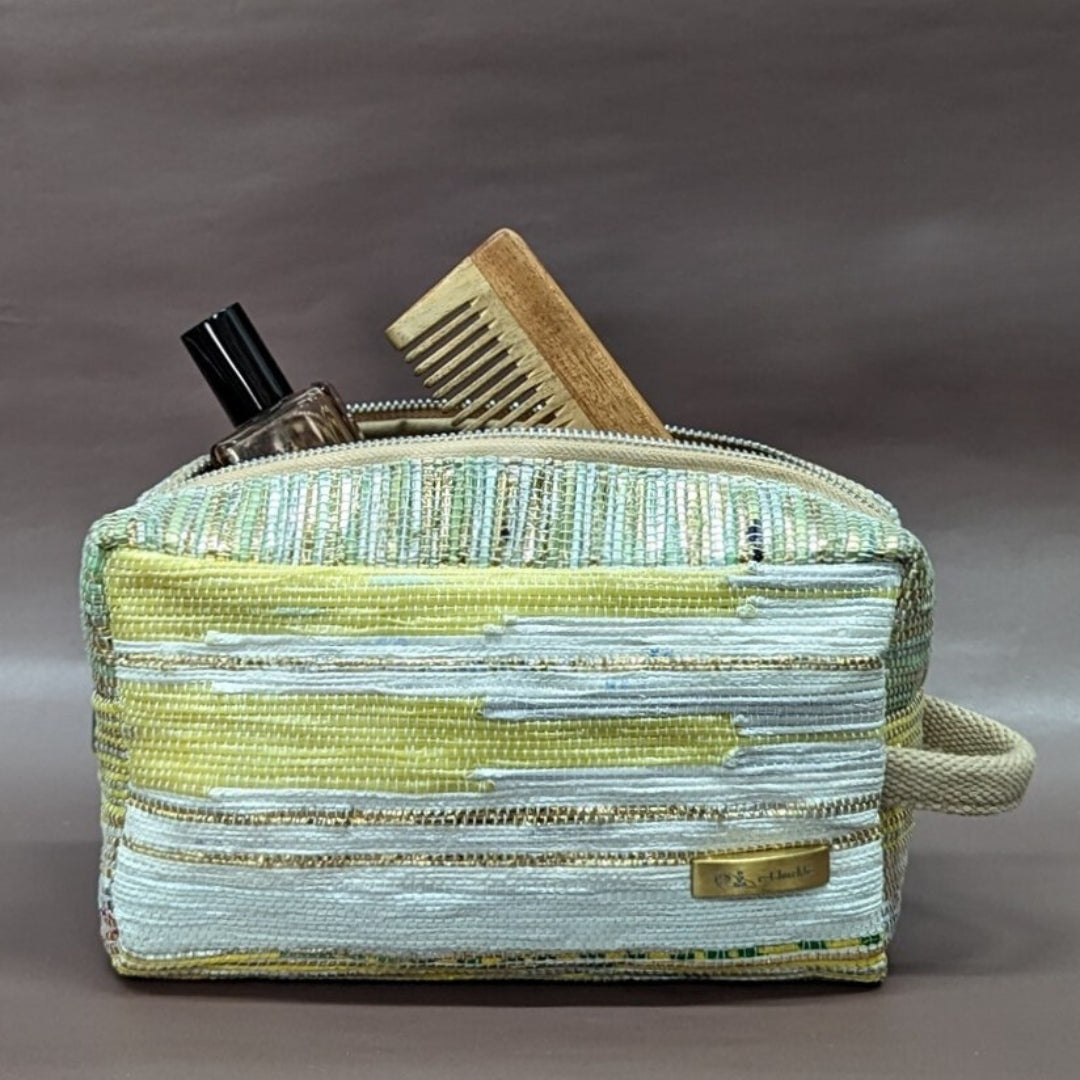 Yellow Green and White with Shimmery Stripes Upcycled Handwoven Travel Kit (TK0624-005)