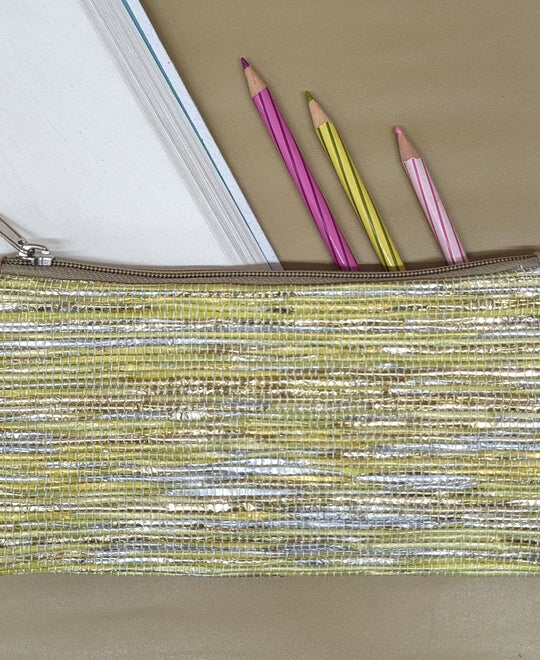 Yellow and Shimmery Golden Upcycled Handwoven Pencil Pouch (PP0624-010) PS_W