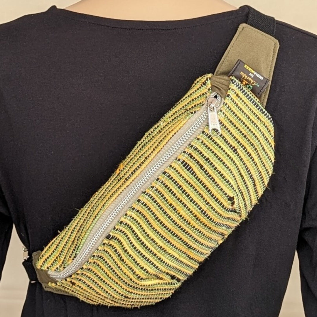 reCharkha X India Hikes - Black Green Bright Yellow Striped Upcycled Handwoven Fanny Pack (FP0724-003) PS_W