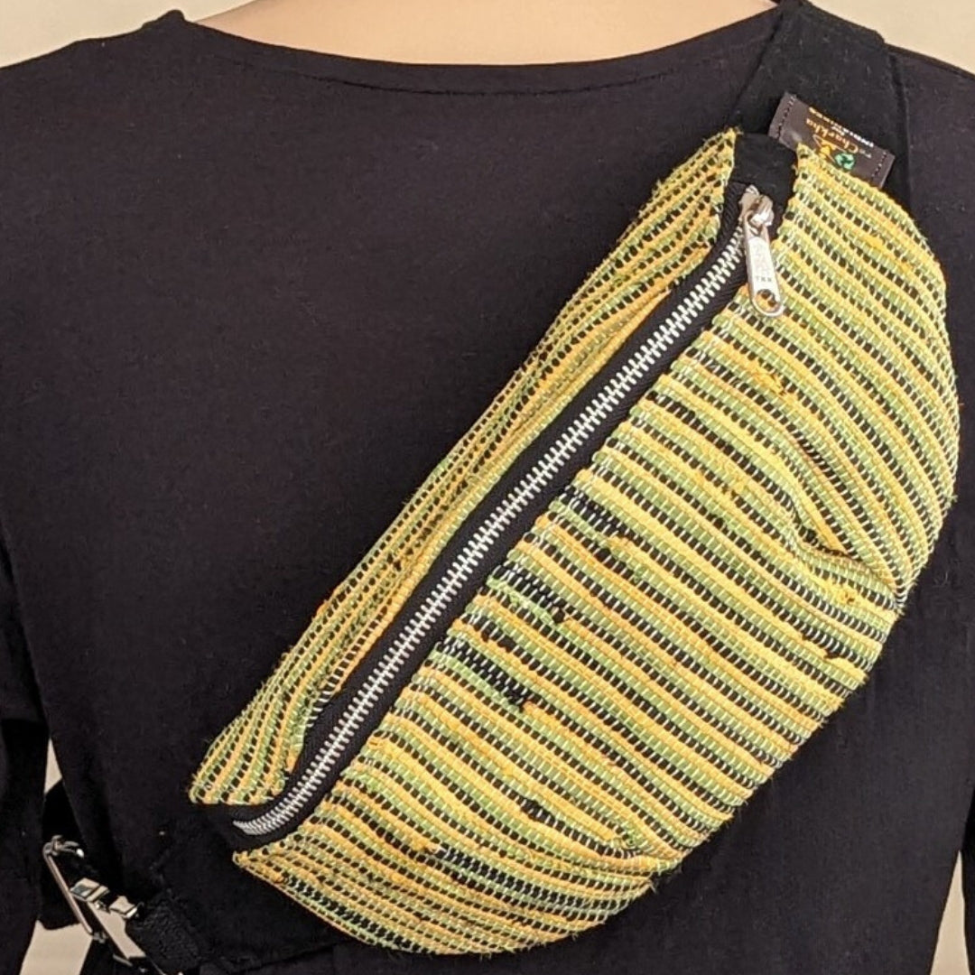 reCharkha X India Hikes - Black Green Yellow Thin Striped Upcycled Handwoven Fanny Pack (FP0724-001) PS_W